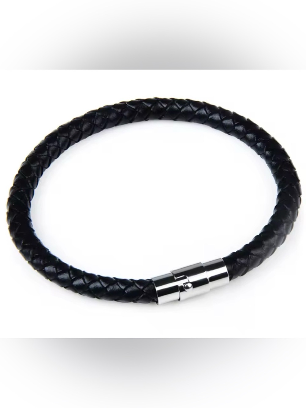Men’s Boy Black Braided Leather Wrap Bracelet Silver Clasp Simple Minimalist 8”